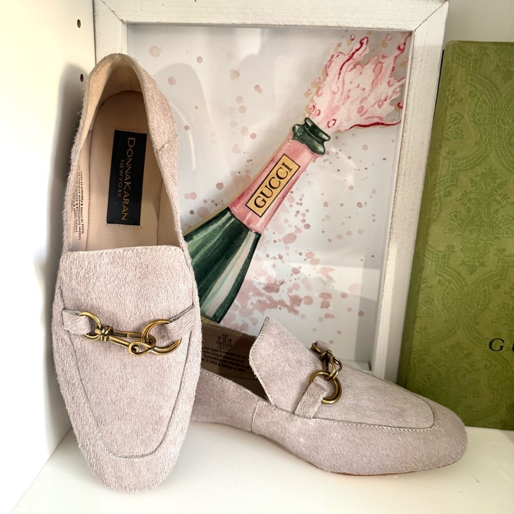 Donna Karan Parchment Suede Horsebit Loafers Block Heel Size 6 NWT